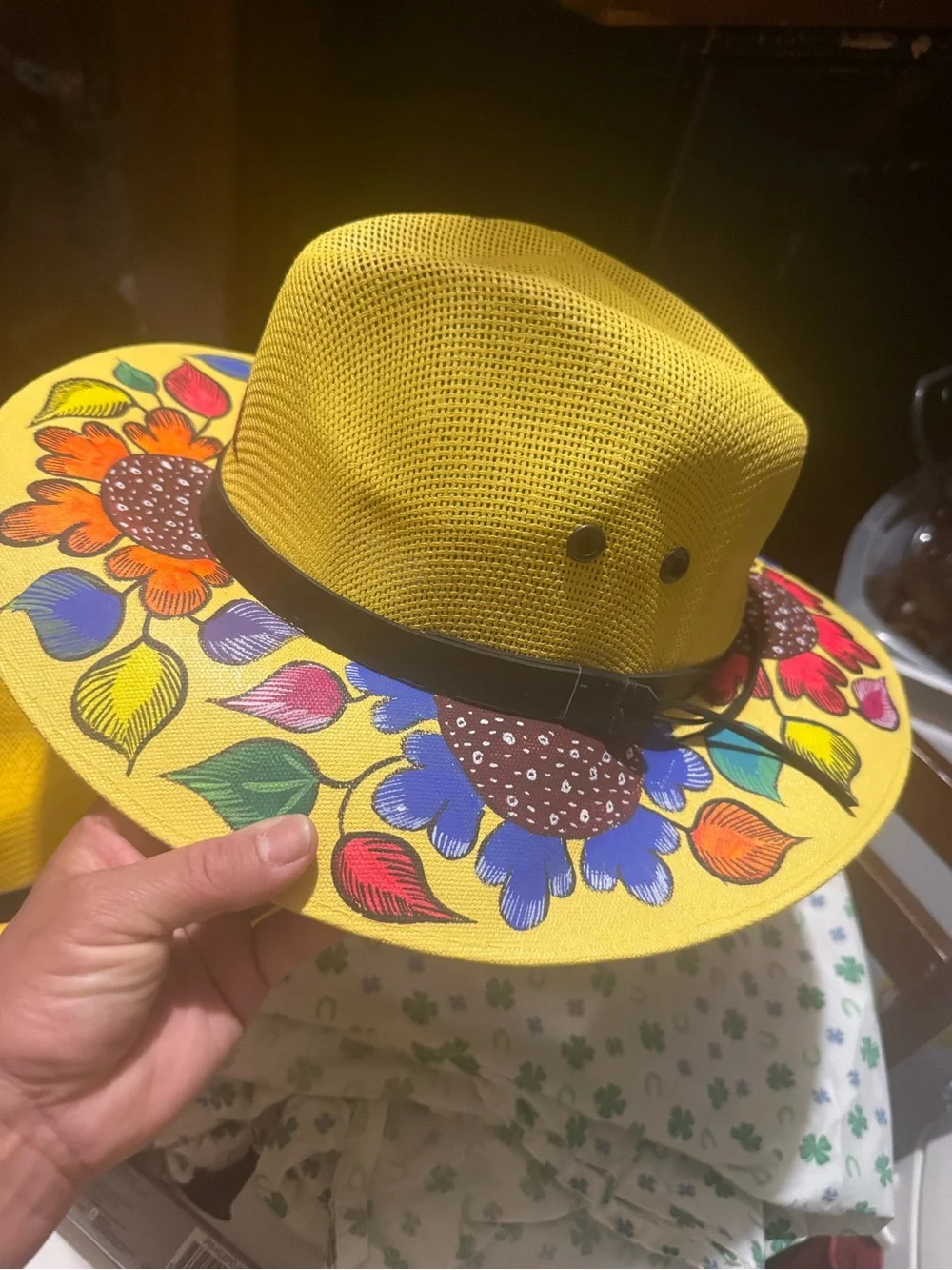 Kids Yellow Sunflower Print Straw Hat with Black Band